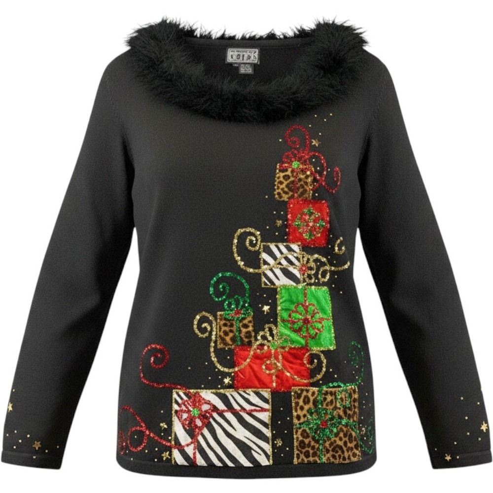 Berek Womens Christmas Sweater Black Faux Fur Sequin Gift Tree Ramie Cotton L